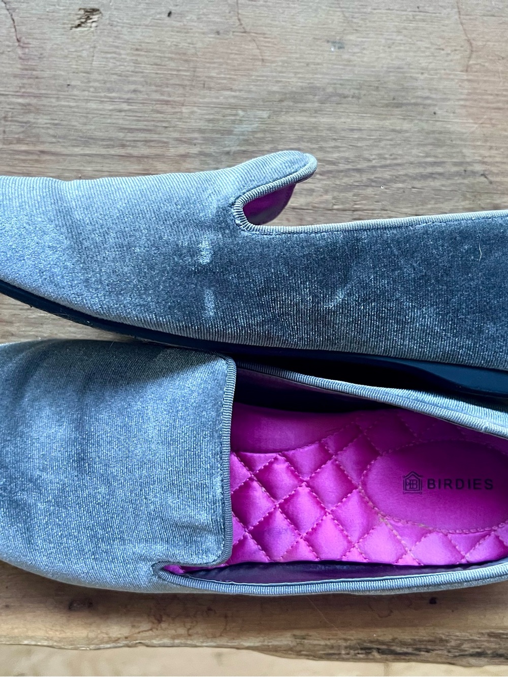 Birdies Gray Velvet Slip-Ons with Pink Quilted Insole